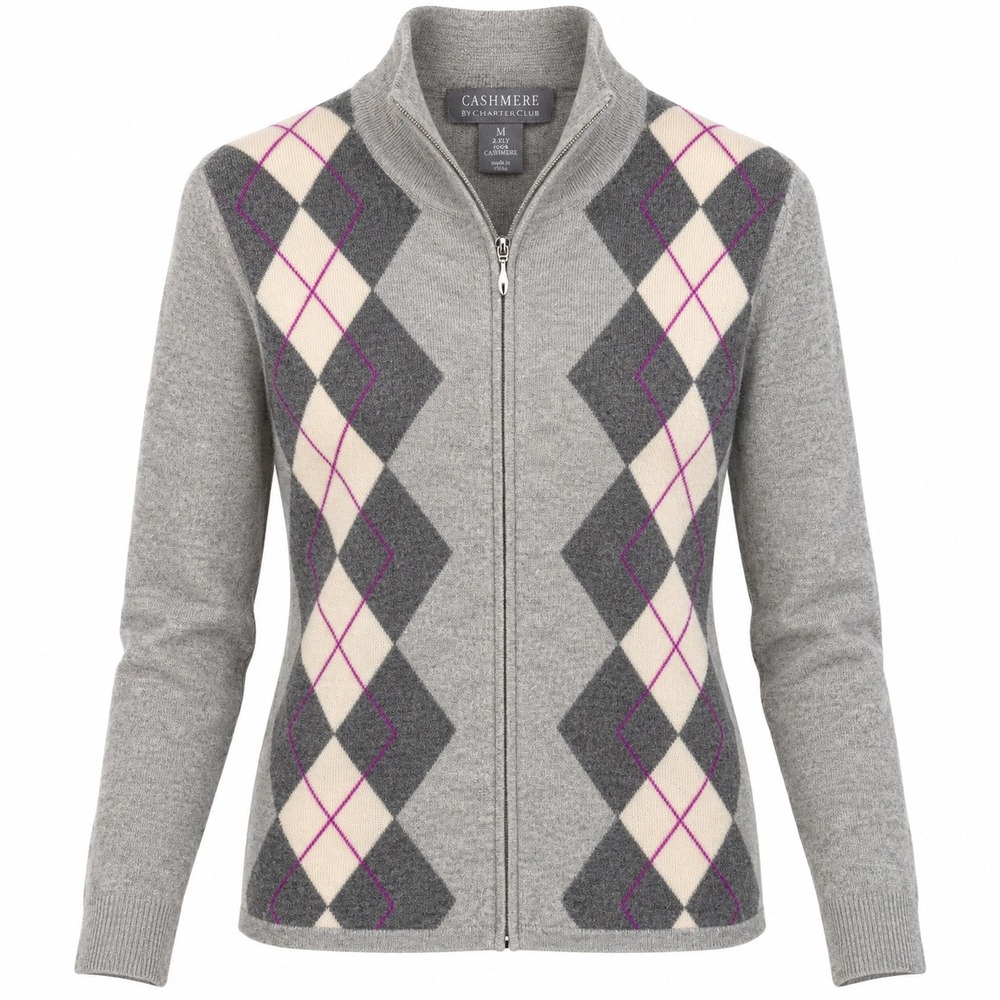 Charter Club 100% Cashmere Argyle Zip Sweater M Gray Preppy Y2K